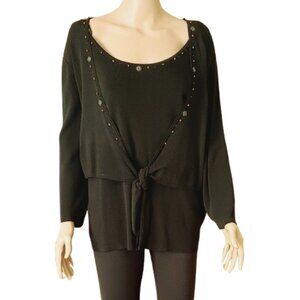Studio I Black Tie Front Sweater 18W Beaded Trim 3/4 Sleeves Stretch Top